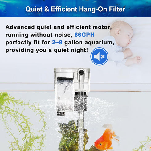 DaToo Hang On Waterfall Aquarium Filter, Small Fish Tank Filter, Quiet 66GPH, 3W Adjustable for 2 to 8 Gallons
