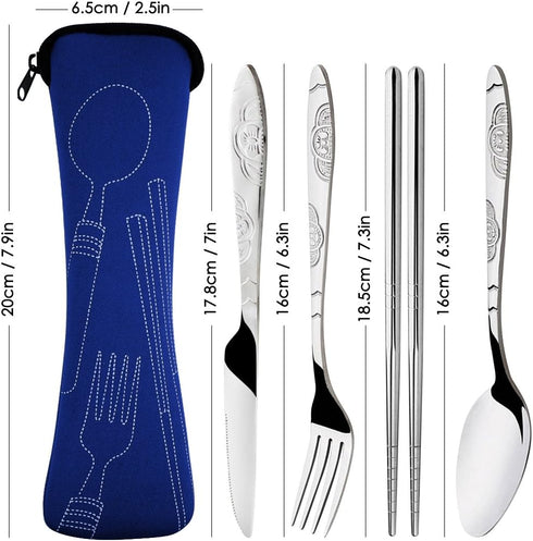 SENHAI 8 Pieces Rustproof Stainless Steel Flatware Set with Knife, Fork, Spoon, Chopsticks, Carrying Case