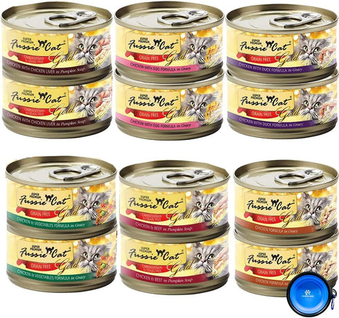 Fussie Cat Super Premium Grain Free Wet Food Variety Bundle Pack, 12 Cans (6 Flavors), 2.82 oz Each, Bonus Bowl