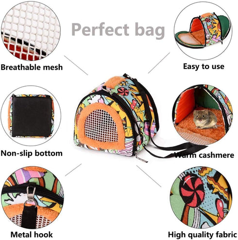 KAMEIOU Travel Carrier for Small Animals, Hedgehog, Hamster, Guinea Pig Pouch Bag with Detachable Strap