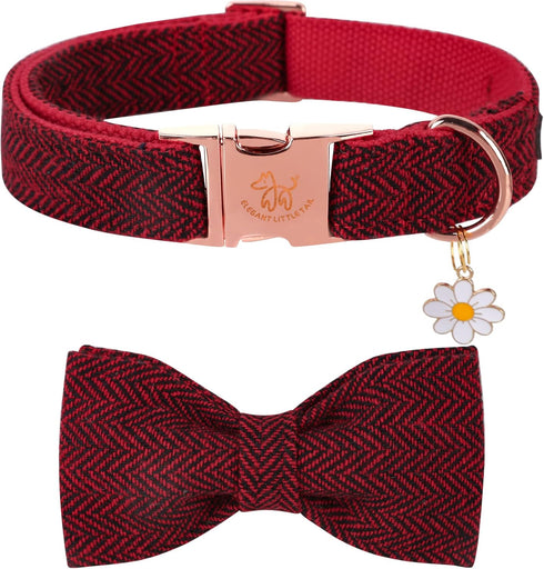 Elegant Little Tail Christmas Dog Collar with Bow, Herringbone Red Black Cotton Durable Bowtie Collar