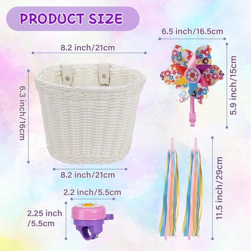 Kids Bike Basket, Bike Basket Front Bike Accessories for Girl Boys, Woven Bicycle Basket with Stickers, Bike Bell, Windmill, and 1pairs Colorful Ribbons Tassels