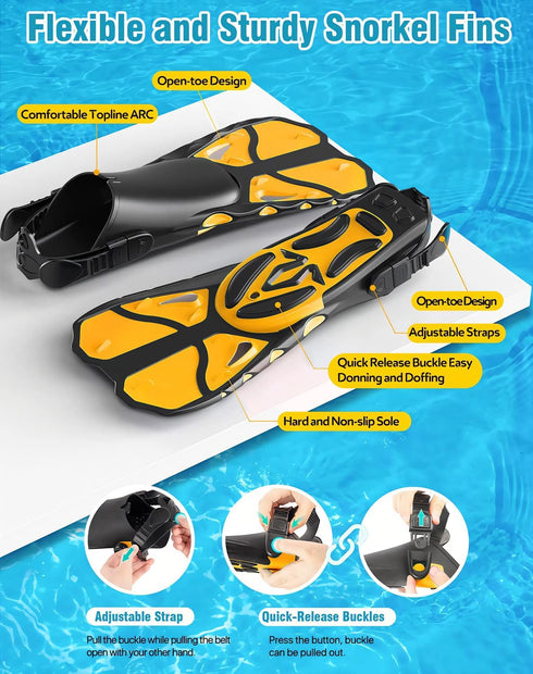 Snorkel Set with Fins for Adults, Snorkeling Gear Combo Set with Dry Top Snorkel Mask and Travel Bag for Diving,
