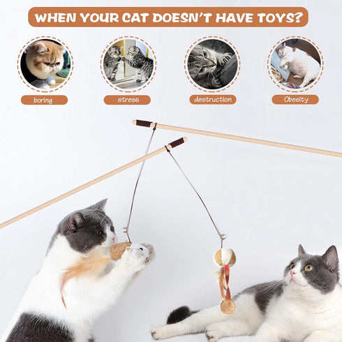 3-Piece Natural Wooden Cat Teaser Wand Toy Kit, 5 Silvervine Sticks and Elastic String Cat Pole Toy with Bell and