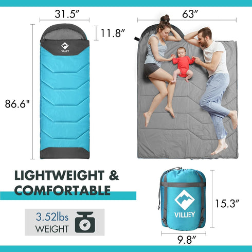 VILLEY Camping Sleeping Bag for Adults, Boys and Girls, Lightweight Compact Backpacking for Outdoor, Traveling, Hiking