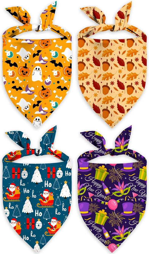 4 Pack Holiday Dog Bandanas, Adjustable Halloween Thanksgiving Christmas New Year Holiday