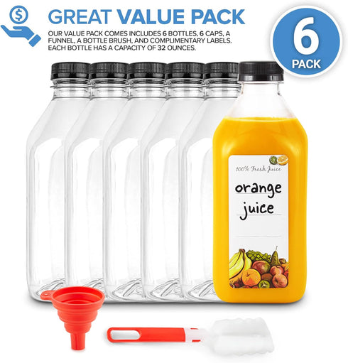 32 Oz (6 Pack) Juice Bottles with Caps - Reusable Clear Plastic Drink Containers for Mini Fridge - Water Bottles Bulk