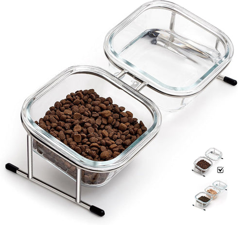 Elevated Cat Bowls, 15° Tilted Glass Raised Food Bowl with Stainless Steel Stand, 2 Large Capacity Bowls