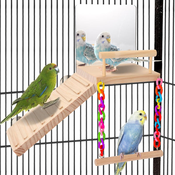 Kyouki Bird Perch Platform Bird Toys with Bird Mirror Climbing Ladder Swing, Parakeet