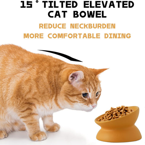 Elevated Tilted Cat Food Bowls - Ceramic Whisker Friendly, Anti Vomit, Raised Bowl for Food and Water (Yellow)