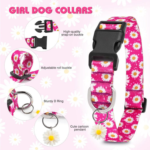 Dog Collar Ayaseen, Floral Girl Pink Dog Collars, Cute Adjustable Soft Flower Pet Collar with Daisies for Male Females