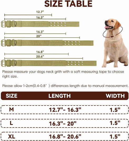 Heavy Duty Dog Collar for Large Dogs, Tactical Dog Collars with Metal Buckle & D Ring, 1.5" Width Thick Adjustable Nylon Dog Collar for Medium Dogs, Khaki/L