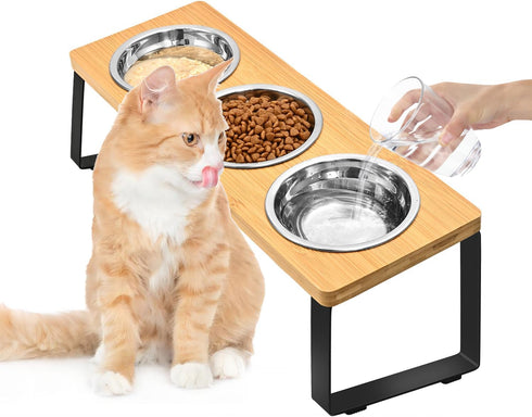 Raised Elevated Cat Food Water Bowl, Small Dog 15° Tilted Feeding Tray with 3 Stainless Steel Bowls (Wood Color)