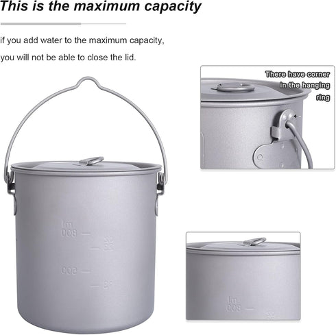 Outdoor Titanium Pot with Lid, 750ml - 2900ml, Folding Bail Handle, Camping Hiking Picnic Set