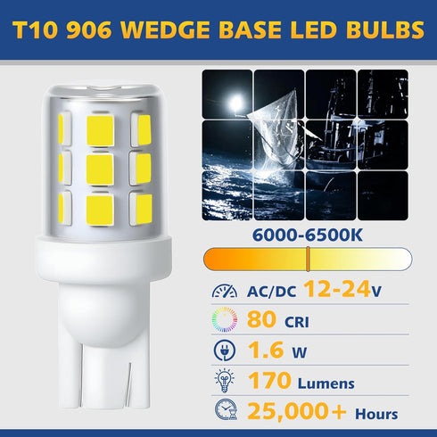 T10 Bulb 12-24V, 6000K Sailboat (2PCS) Wedge Base Boat Light LED White Marine Navigation Lights Replacement for Anchor