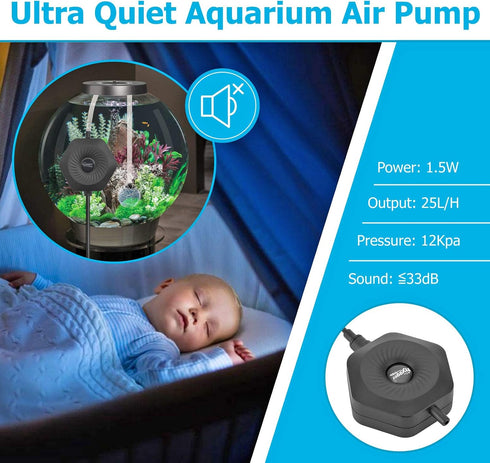 hygger Ultra Silent 1.5W Mini Air Pump for Fish Bowl Aquarium, Oxygen Aerator Kit for 0.5-15 Gallon Tanks