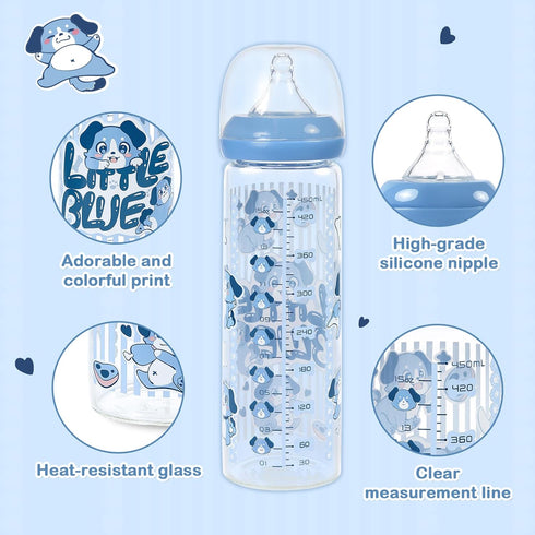 LittleForBig Adult Glass Feeding Bottle Ultra Printed Specialty Oversized Little Blue Pattern