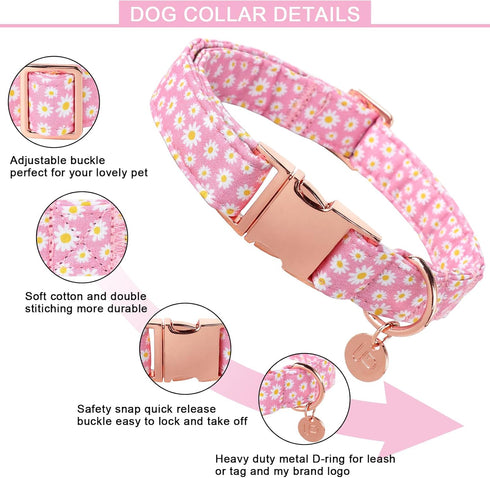 Daisy Summer Cotton Dog Collar with Metal Buckle, Pink Gift Collar for Small Medium Large Dogs, Cute Durable Comfortable