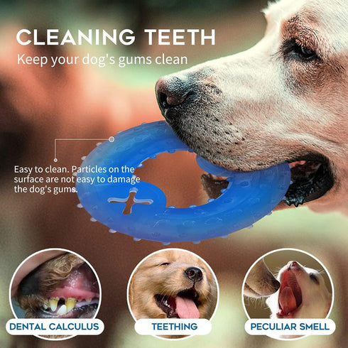 Puppy Teething Chew Toys - Freezable Teething Toy Set with 1 Ring + 1 Bone (Blue)