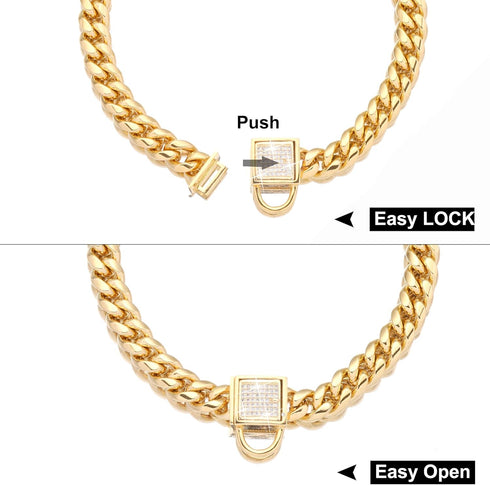PRADOG Gold Chain Dog Collar, Stainless Steel Cuban Link Collar with Zirconia Buckle, Designer Bling Puppy Necklace