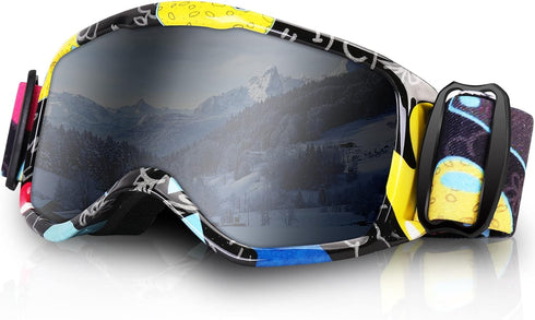 Kids Ski Goggles, Snowboard Goggles for Youth Boys Girls, OTG Anti-fog Goggles with Non-Slip Strap
