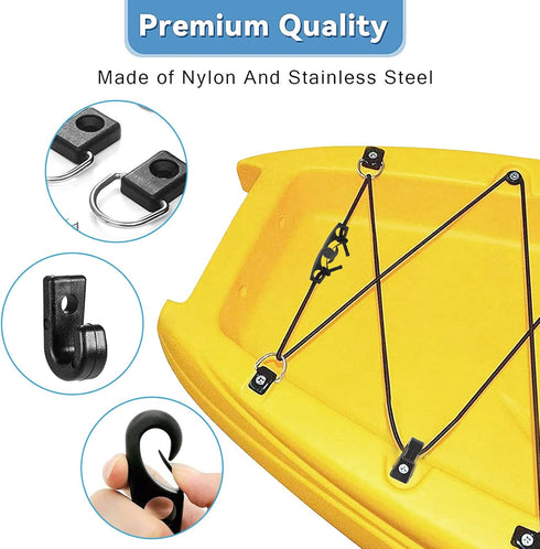 Kayak Deck Rigging Kit, 8 Feet Bungee Cord with Hooks and Fishing D-Ring for Kayak Boat Canoe