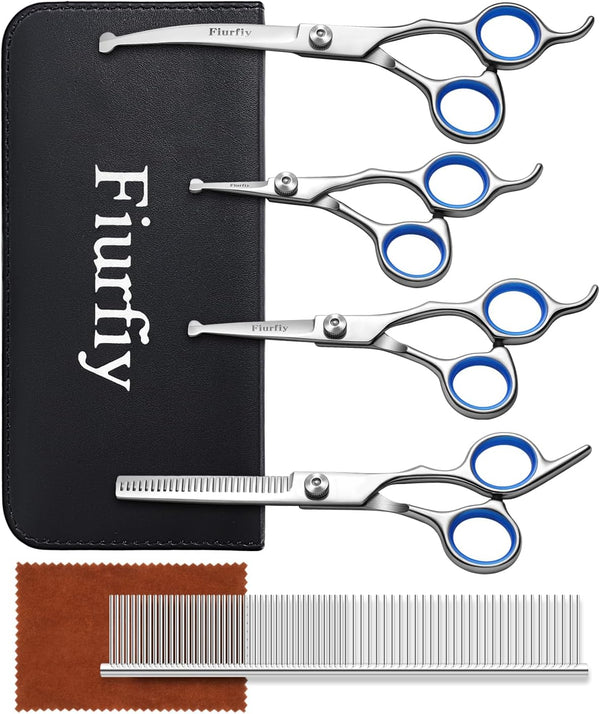 Fiurfiy 6-in-1 Dog Grooming Scissors - Professional Stainless Steel Hair Cutting Kit with