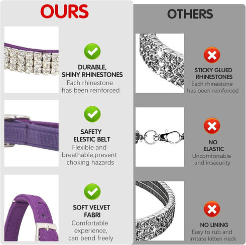 BINGPET Adjustable Diamond Cat Collar, Soft Velvet Leather Kitten Collar with Shiny Rhinestones and Bells, Purple