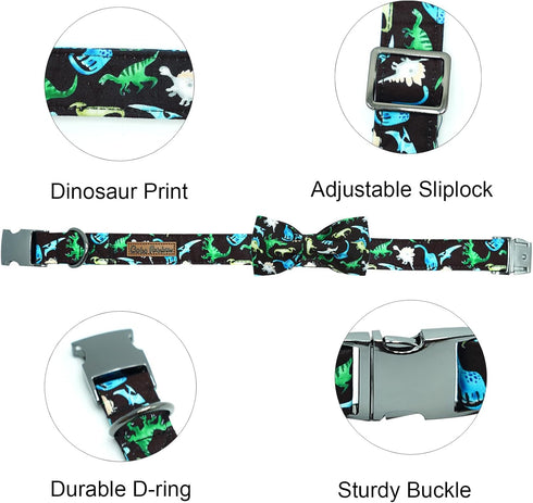 Dog Collar Dinosaur Print Pet Collar Soft Cute Dog Collar with Bow Tie Adjustable Metal Buckle Collar Gift Collar for Small Dogs