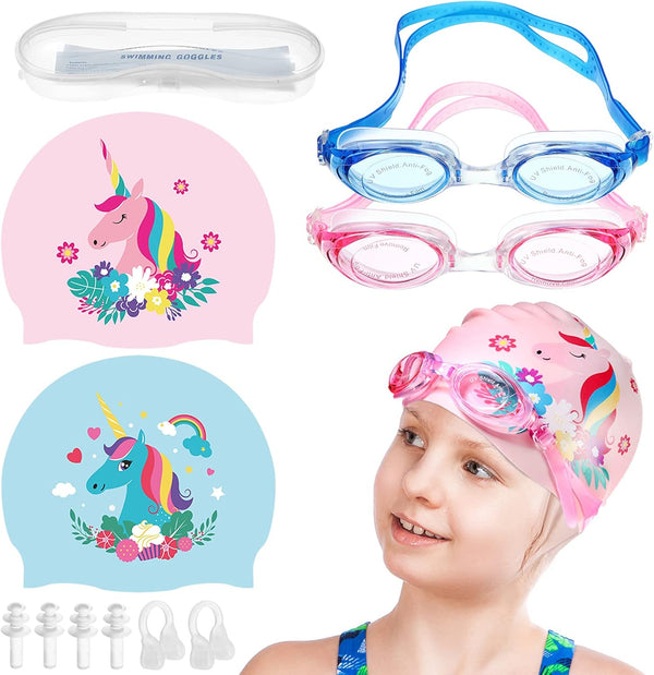 Geyoga 2 Set Swim Cap Kids Unicorn Silicone Waterproof, 2 Swim Caps with 2 Goggles for Kids at Beach Pool