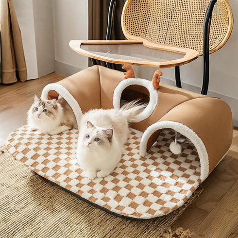Cat Tunnel Bed IndoorPeekaboo Cave Bed with Washable Soft Play Mat, Removable Cute Cat Tunnel with Plush Balls Toys