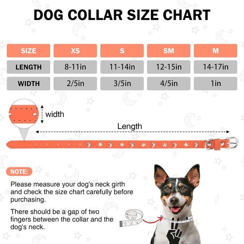 Leather Dog Collar for Small Medium Dogs, Adjustable Star Moon Rivet Studded, Rust-Proof Metal Buckle, Orange, Size