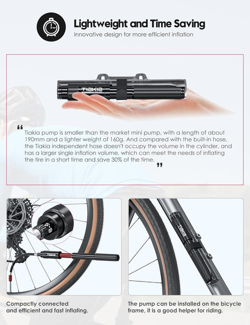 Tiakia Mini Bike Pump, Portable Compact Bicycle Pump, High Pressure Frame Pump 260PSI for Presta, Schrader & Woods