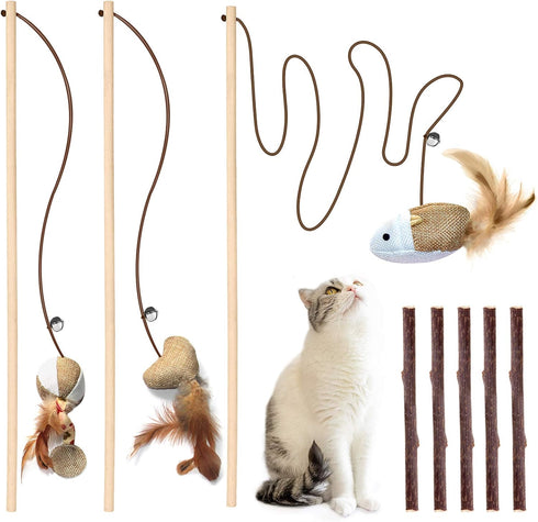 3-Piece Natural Wooden Cat Teaser Wand Toy Kit, 5 Silvervine Sticks and Elastic String Cat Pole Toy with Bell and