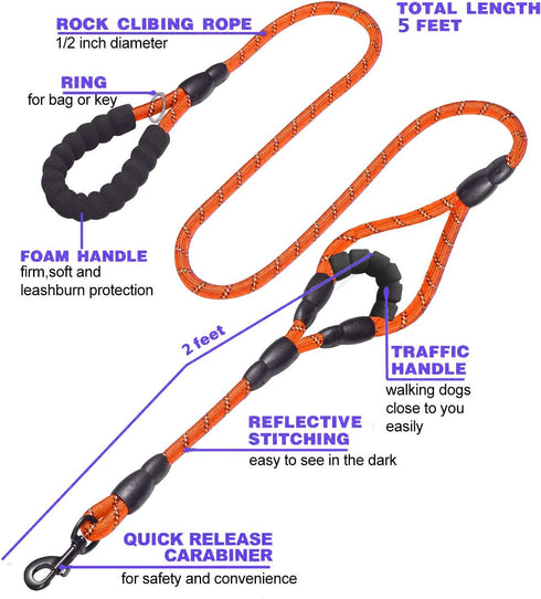Dog Leash,5 FT Heavy Duty Double Handle Dog Leash with Comfortable Padded and Reflective,Rope Dog Leashes for Small,Medium,Large Dogs (Rope-Orange)