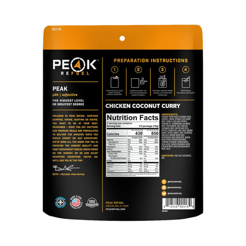 Peak Refuel Chicken Coconut Curry - Freeze Dried Backpacking Food, High Protein, Quick Prep (2 Serving Pouch)