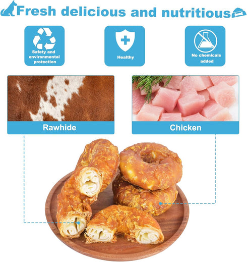 Dog Treats, Long Lasting for Large Dogs, Clean Teeth, Chicken Wrapped Rawhide Donuts, 0.5lb