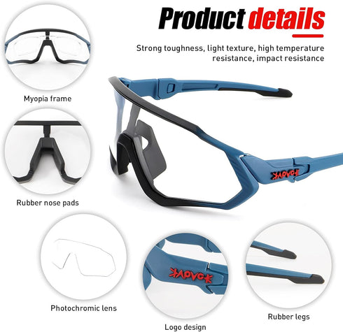 KAPVOE Photochromic Cycling Glasses, Men Women Mountain Bike Sunglasses for Clear MTB Riding