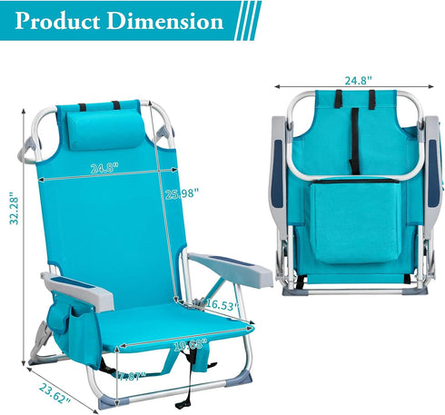 Generic Backpack 5 Beach Chairs Low Position Beach Chair with Pouch Straps Folding Lightweight Reclining Aluminum Lay
