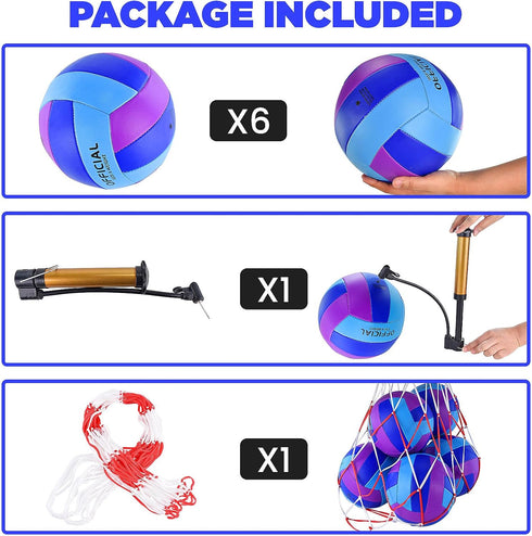 6 Pack 5, Volleyballs Official Size Soft Bulk Recreational Volley Balls with Pump and Net Bag for Indoor Outdoor Beach