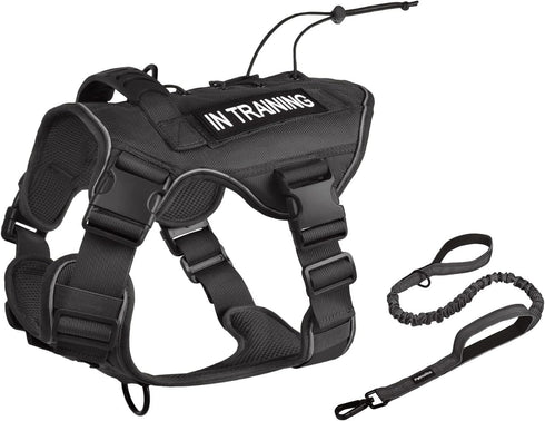Petmolico Tactical Dog Harness with Leash, No Pull Military Service Dog Harness for Large Dogs, Black, L