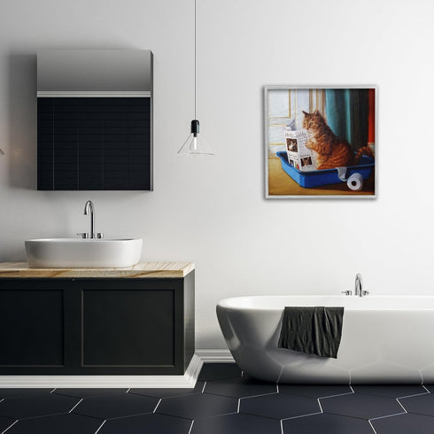 Stupell Industries Litter Box Reading Funny Cat Pet Painting, Design by Lucia Heffernan, Gray Framed Wall Art, 24 x 24