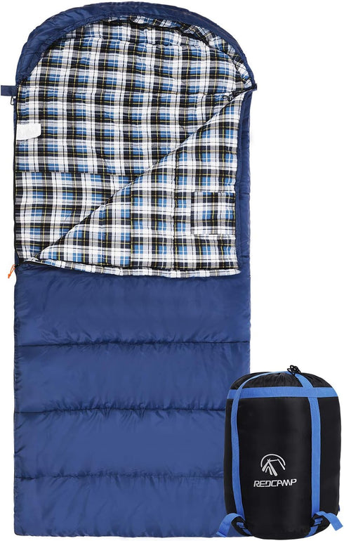 REDCAMP Flannel Sleeping Bag for Adults, Comfortable Cotton with Detachable Hood, Red/Grey/Blue for Camping