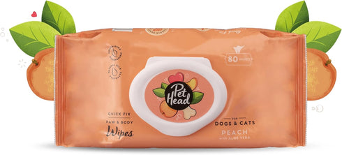 PET HEAD Quick Fix Cleaning Wipes for Dogs & Cats, Pack of 80, Peach Scent with Aloe Vera, Biodegradable