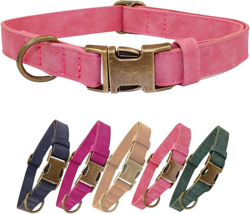 THAIN Soft Leather Dog Collar, Heavy Duty Padded Quick Release Adjustable Collar for Small Medium Dogs (M, Pink)
