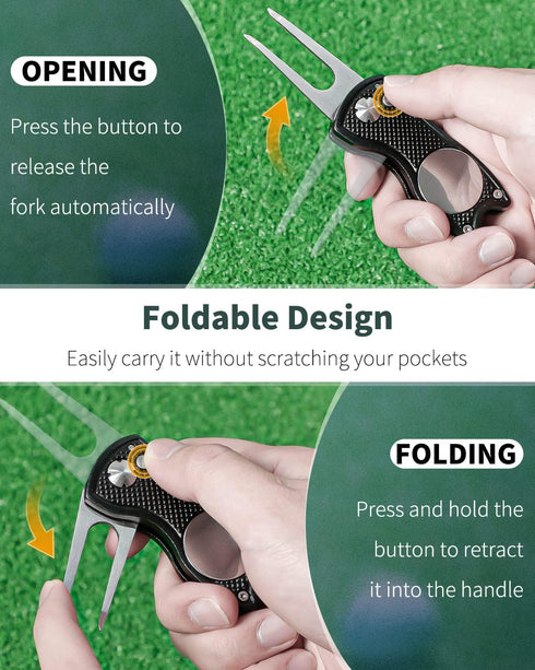 GreenHaven 2-6 Pack Golf Divot Repair Tool, Foldable Metal Green Tool with Magnetic Putt Alignment Ball Marker
