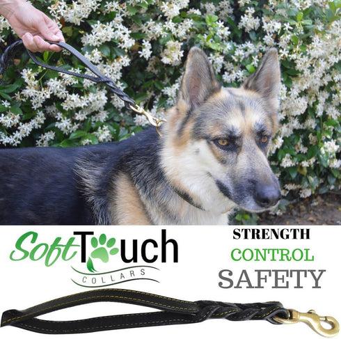 6 Foot Braided Leather Dog Leash with Traffic Handle, Two Handles for Training and Safety, Black 6ft x 3/4 Inch