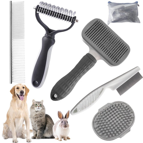 Dog Brush for Shedding, 6 PCS Pet Slicker Hair Brush Kit with Organizer Bag for Dogs and Cats, Grey