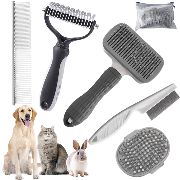 Dog Brush for Shedding, 6 PCS Pet Slicker Hair Brush Kit with Organizer Bag for Dogs and Cats, Grey