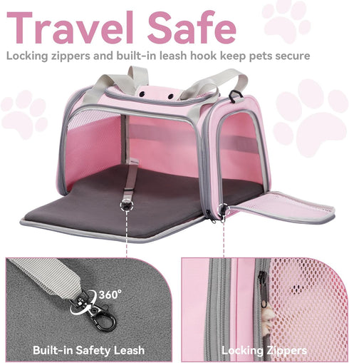 17.510.510.5 3-Way 12 lb Airline Approved Cat Carrier in, Escape-Proof Design with Locking Zippers & Safety Leash